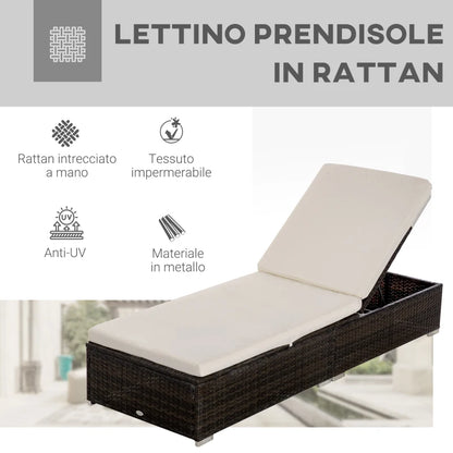 Outsunny Lettino Prendisole in Rattan PE con Schienale Reclinabile su 5 Posizioni, 195x68x31cm, Marrone