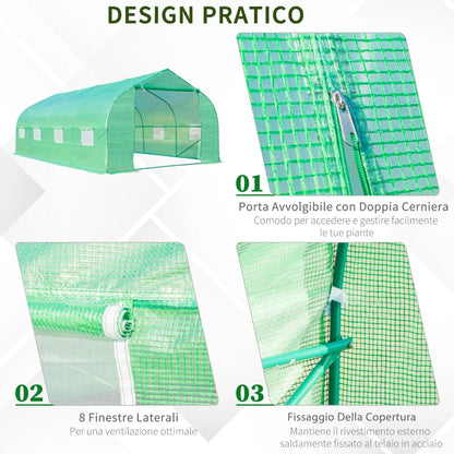 Outsunny Serra a Tunnel con 8 Finestrelle Laterali e Ingresso Avvolgibile, in PE e Acciaio, 6x3x2 m, Verde