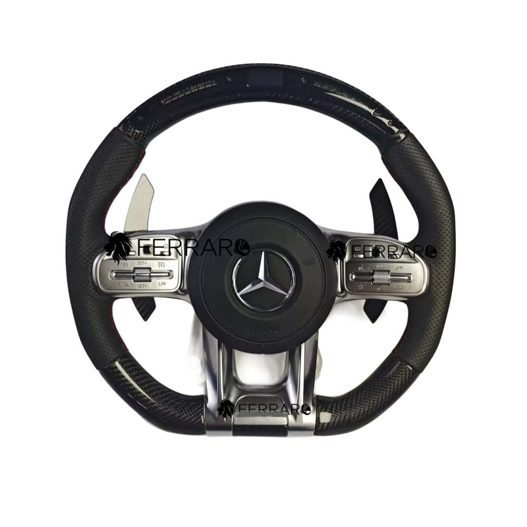 Volante per Mercedes, Carbonio Diagonale, LED, Punzonatura Nera, Coda di Rondine, Comandi Argento, AMG