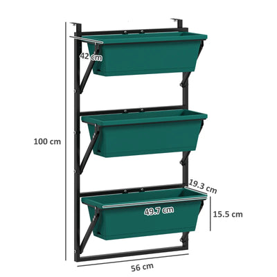 Outsunny Fioriera da Esterno Verticale e 3 Vasi per Piante in Plastica con Fori di Drenaggio, 56x42x100 cm, Verde