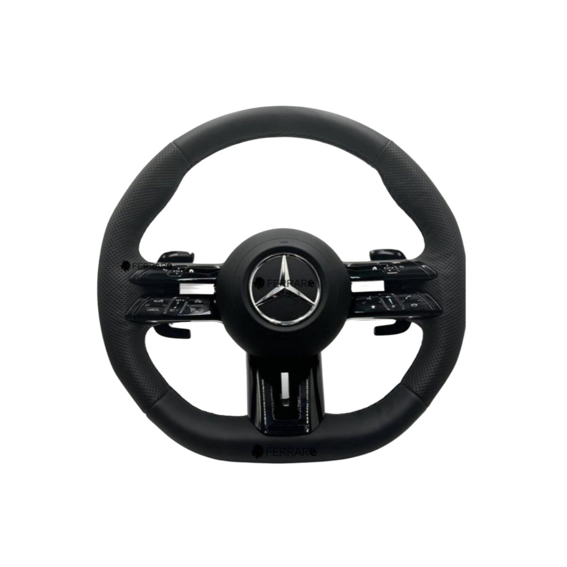 Volante per Mercedes, Nero Lucido, Logo Argento, Filo Nero, Perforato