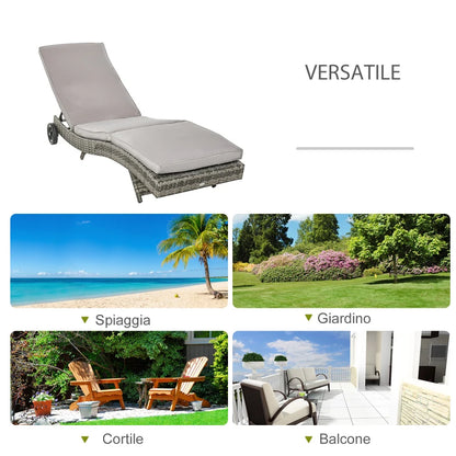 Outsunny Sdraio da Giardino in Rattan PE con Schienale Regolabile e Cuscino, 207x70x70cm, Grigio