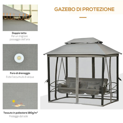 Outsunny Dondolo da Giardino 3 Posti Lettino e Gazebo Design 3 in 1 con Tettuccio, 256x172x248 cm, Grigio Scuro