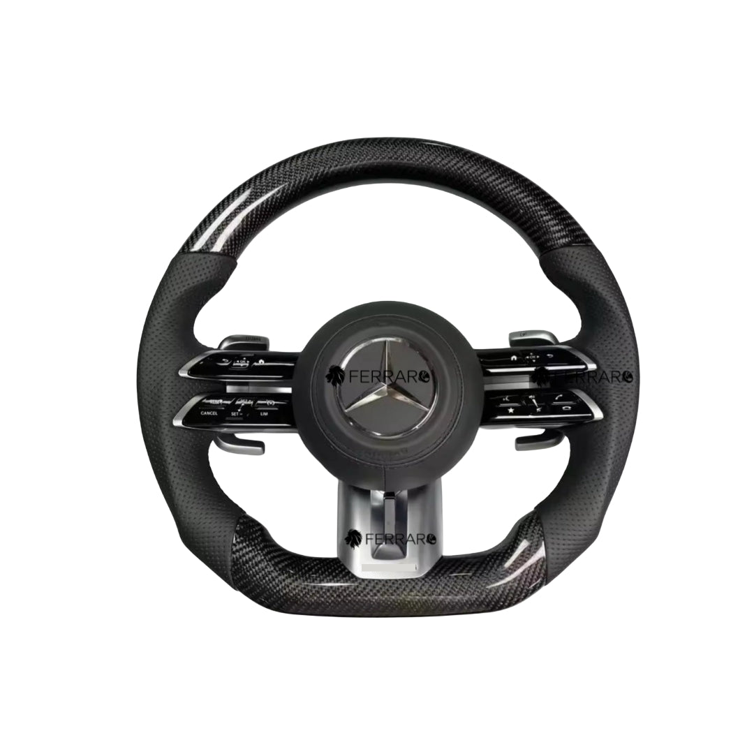 Volante per Mercedes, Carbonio Nero, Logo Argento, Punzonata Nera, Linea Nera, AMG