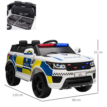HOMCOM Macchina Elettrica per Bambini della Polizia, Batteria 12V e Telecomando, Sirena Luci Attacco USB per Musica, 110x68x52cm, Bianco