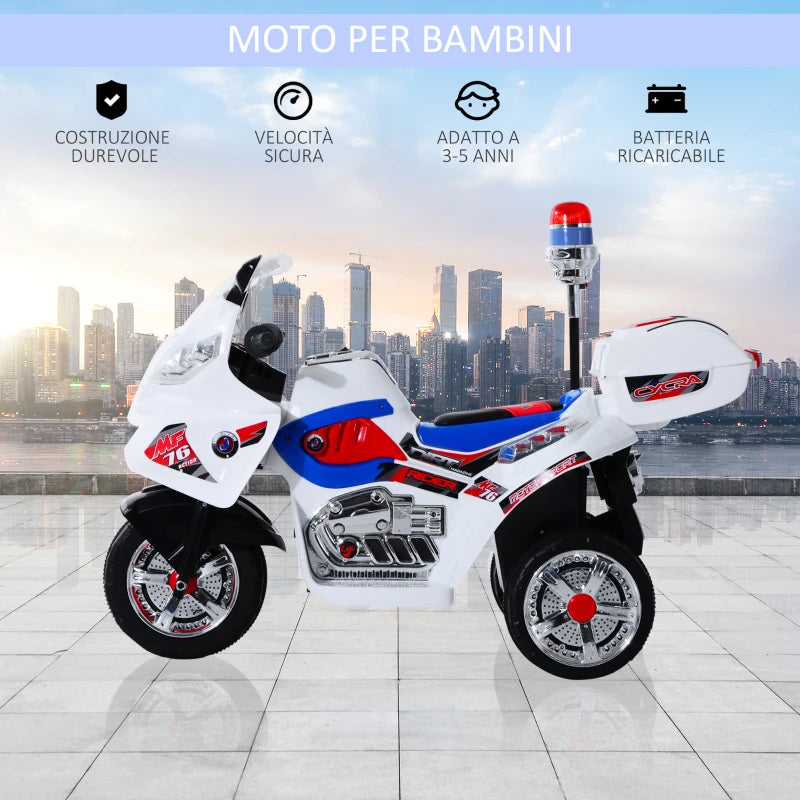 HOMCOM Moto Elettrica per Bambini da 3-5 Anni Motorino Elettrico Giocattolo 3 Ruote con Musica, Velocità 3KM/h, Luci 112×51×72.5cm