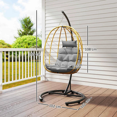 Outsunny Poltrona Sospesa e Pieghevole con Cuscini, in Acciaio e Rattan PE, 102x102x195 cm, Nera Grigia e Beige