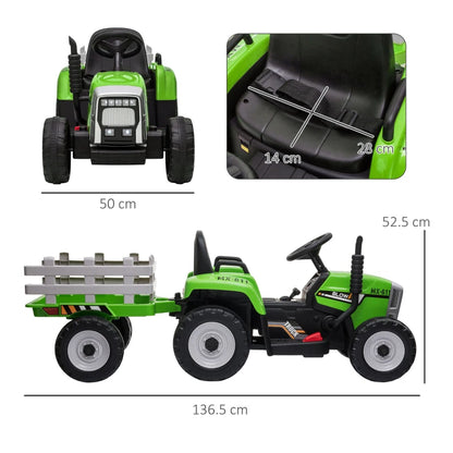 HOMCOM Trattore Elettrico per Bambini 3-6 Anni con Rimorchio Rimovibile, Batteria 12V e Telecomando, Verde