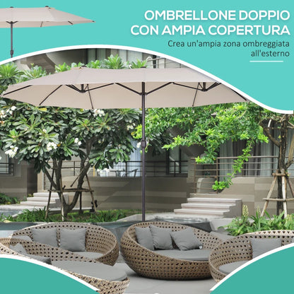 Outsunny Ombrellone Doppio da Giardino 4.6x2.7 m a 12 Stecche con Prese d'Aria e Manovella, Ombrellone per Esterni in Acciaio e Poliestere, Anti UV, Beige