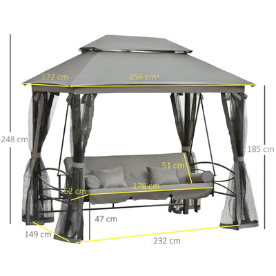 Outsunny Dondolo da Giardino 3 Posti Lettino e Gazebo Design 3 in 1 con Tettuccio, 256x172x248 cm, Grigio Scuro