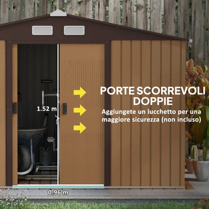 Outsunny Capanno per Attrezzi 4.9m² con Fondazione, 4 Prese d'Aria e 2 Porte Scorrevoli in Acciaio, 277x195x192cm, Giallo