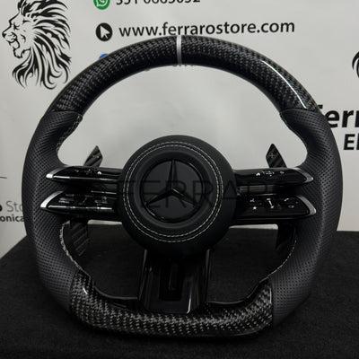 Volante per Mercedes, Carbonio Diagonale, Etichetta Bianca, Punzonatura Nera, Palette Coda di Rondine, Linea Bianca, AMG