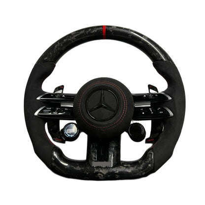 Volante per Mercedes, Carbonio Diagonale, Pelle Scamosciata, Galvanica, Linea Rossa, Pomelli AMG