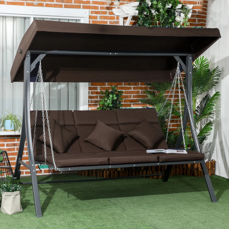 Outsunny Dondolo da Giardino 3 Posti con Cuscini, Seduta Chaise Longue e Tettuccio, 198x118x168 cm, Marrone