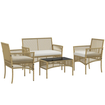Outsunny Set da Giardino in Rattan da 4 Pezzi con 2 Poltroncine, Divano e Tavolino da Caffè, Naturale e Nero