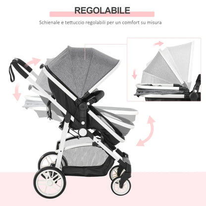 HOMCOM Carrozzina per Bambini 0-36 Mesi Pieghevole e Regolabile, in Metallo e Poliestere, 80x51x102 cm, Grigio