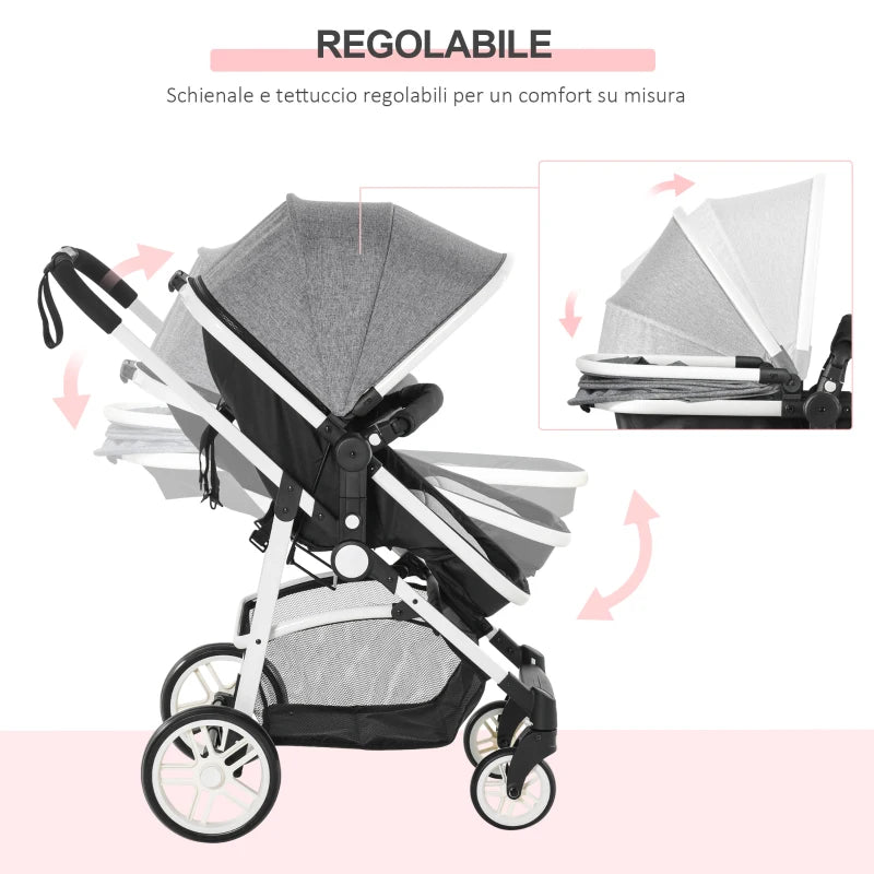 HOMCOM Carrozzina per Bambini 0-36 Mesi Pieghevole e Regolabile, in Metallo e Poliestere, 80x51x102 cm, Grigio