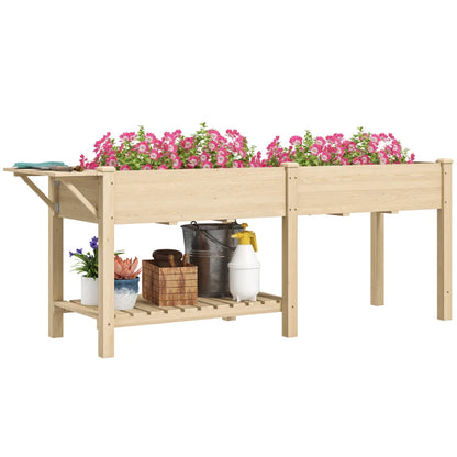 Outsunny Fioriera Rialzata con Tavolino Laterale e Ripiano Porta Attrezzi Inferiore, in Legno di Abete, 207x59x78 cm