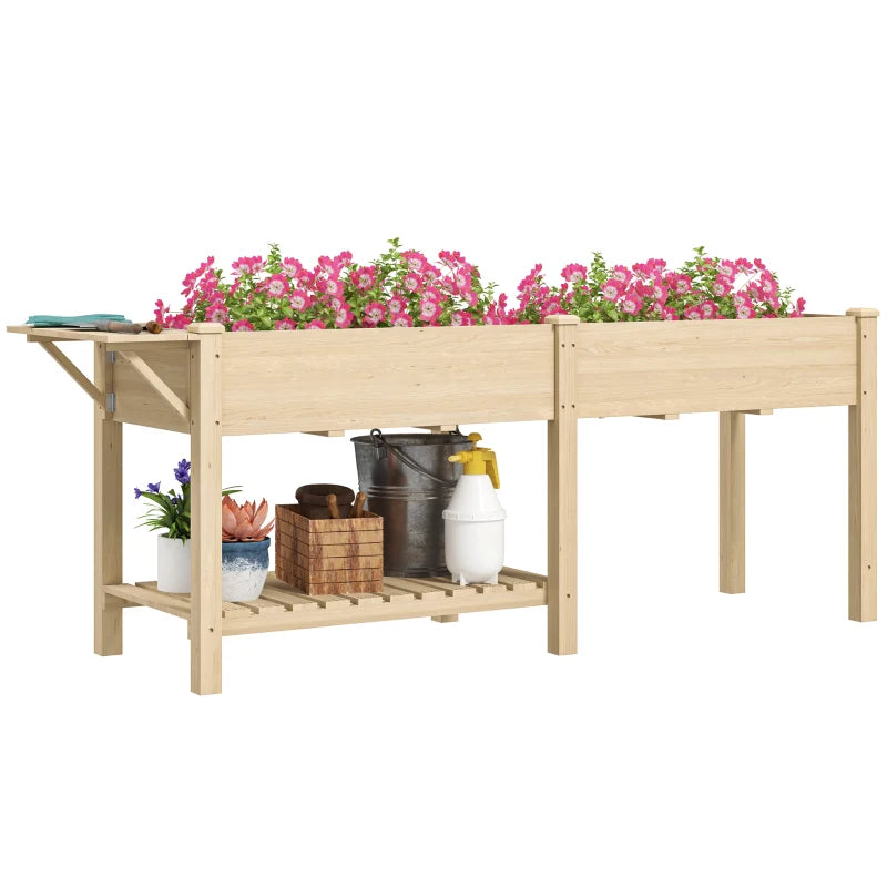 Outsunny Fioriera Rialzata con Tavolino Laterale e Ripiano Porta Attrezzi Inferiore, in Legno di Abete, 207x59x78 cm