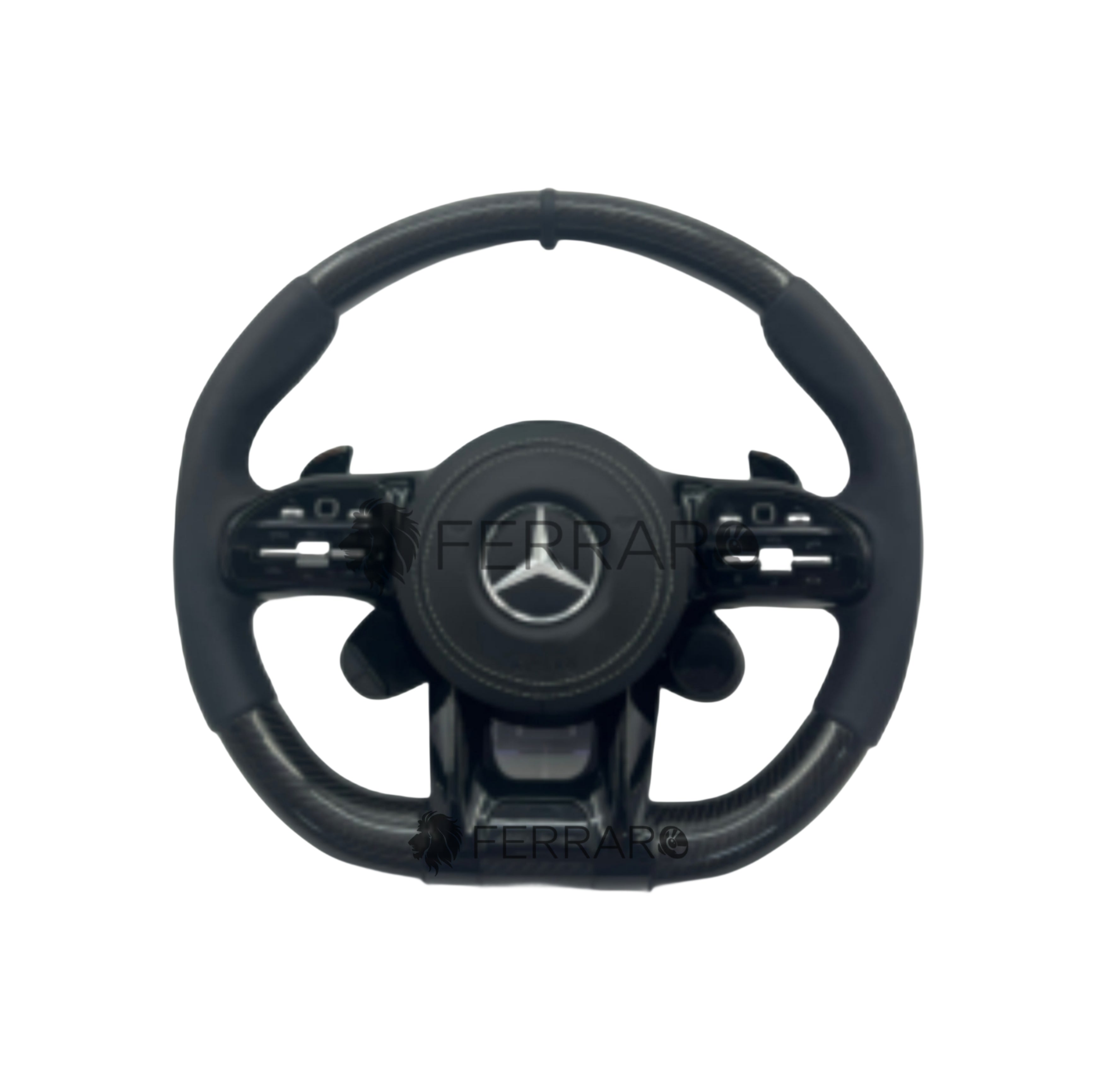 Volante per Mercedes, Carbonio Diagonale, Etichetta Pelle Nera, Filo Bianco, AMG