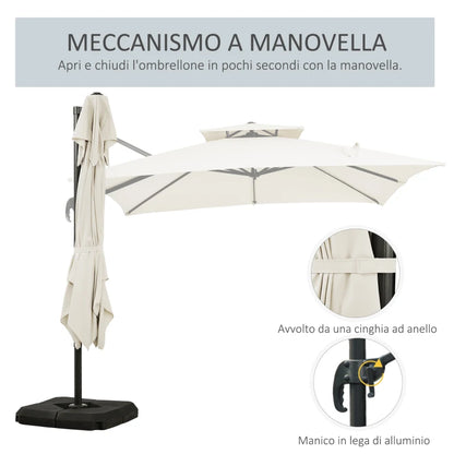 Outsunny Ombrellone a Sbalzo a Doppia Copertura con Manovella, Base a Croce e Pesi, 268x268x265 cm, Beige