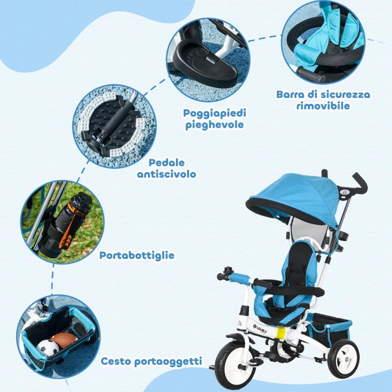HOMCOM Triciclo per Bambini con Maniglione 6 in 1, Tettuccio Regolabile e Cintura di Sicurezza, Età 1-5 Anni, Blu
