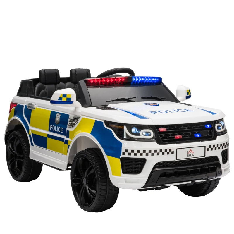 HOMCOM Macchina Elettrica per Bambini della Polizia, Batteria 12V e Telecomando, Sirena Luci Attacco USB per Musica, 110x68x52cm, Bianco