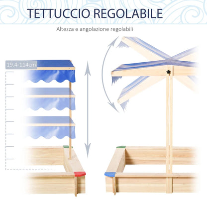 Outsunny Sabbiera per Bambini in Legno con Panca e Tettuccio Parasole Regolabile, 120x120x120cm, Colore Legno e Blu