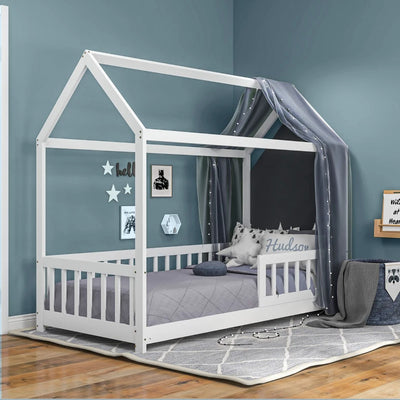 HOMCOM Struttura Letto per Bambini a Forma di Casetta con Doghe e Recinzione, in Legno di Pino, 96x195x165 cm, Bianco