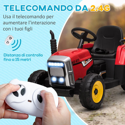 HOMCOM Trattore Elettrico per Bambini 3-6 Anni con Rimorchio Rimovibile, Batteria 12V e Telecomando, Rosso
