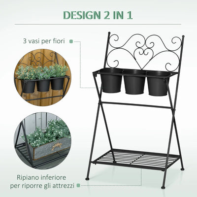 Outsunny Portapiante in Metallo Pieghevole con 3 Vasi e Ripiano Inferiore per Casa e Giardino, 47x37x78.5cm, Nero