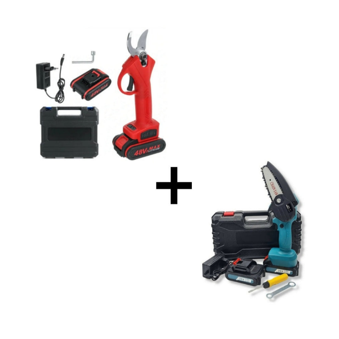 2 in 1 Kit Mini Electric Chainsaw &amp; Pruning Shears Scissors - 4 Batteries, Double Case and Complete with Accessories.