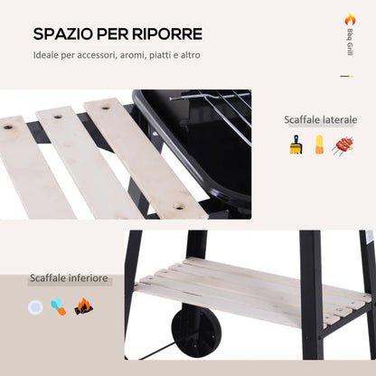 Outsunny Barbecue a Carbone con Griglia Regolabile, Ripiani e Ruote, 83x37x87cm, Nero
