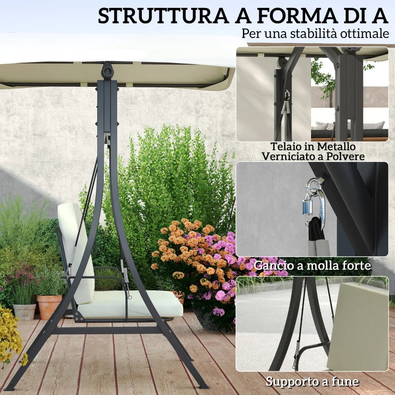 Outsunny Dondolo da Giardino 2 Posti con Tettuccio Regolabile e Cuscini, 150x120x182 cm, Crema
