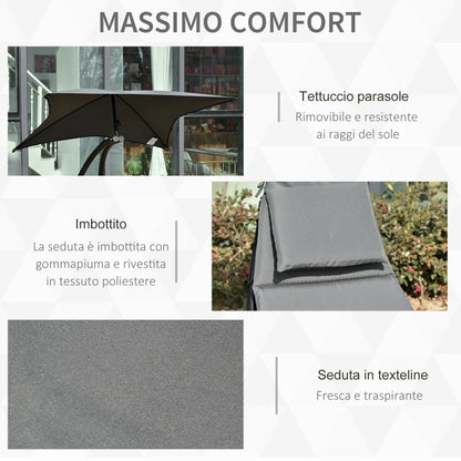 Outsunny Lettino a Dondolo da Giardino, Sdraio Prendisole, Sedia a Dondolo per Esterno con Seduta Imbottita e Tettuccio Grigio 185x114x190cm
