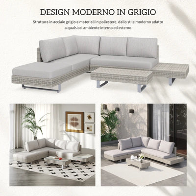 Outsunny Set Giardino Esterno, Salotto da Giardino, Set Divani da Esterno con Tavolino da Giardino, Mobili da Giardino in Rattan Grigio