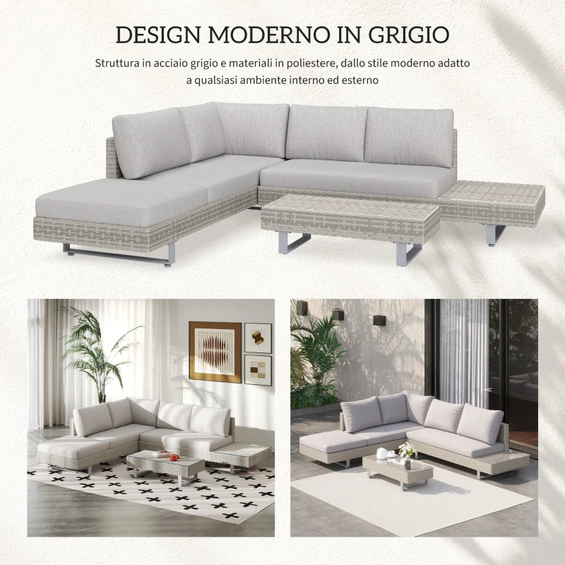 Outsunny Set Giardino Esterno, Salotto da Giardino, Set Divani da Esterno con Tavolino da Giardino, Mobili da Giardino in Rattan Grigio