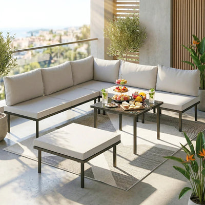 Outsunny Set Mobili Giardino Metallo 6 Persone, Divano Angolare Cuscini, Grigio Chiaro