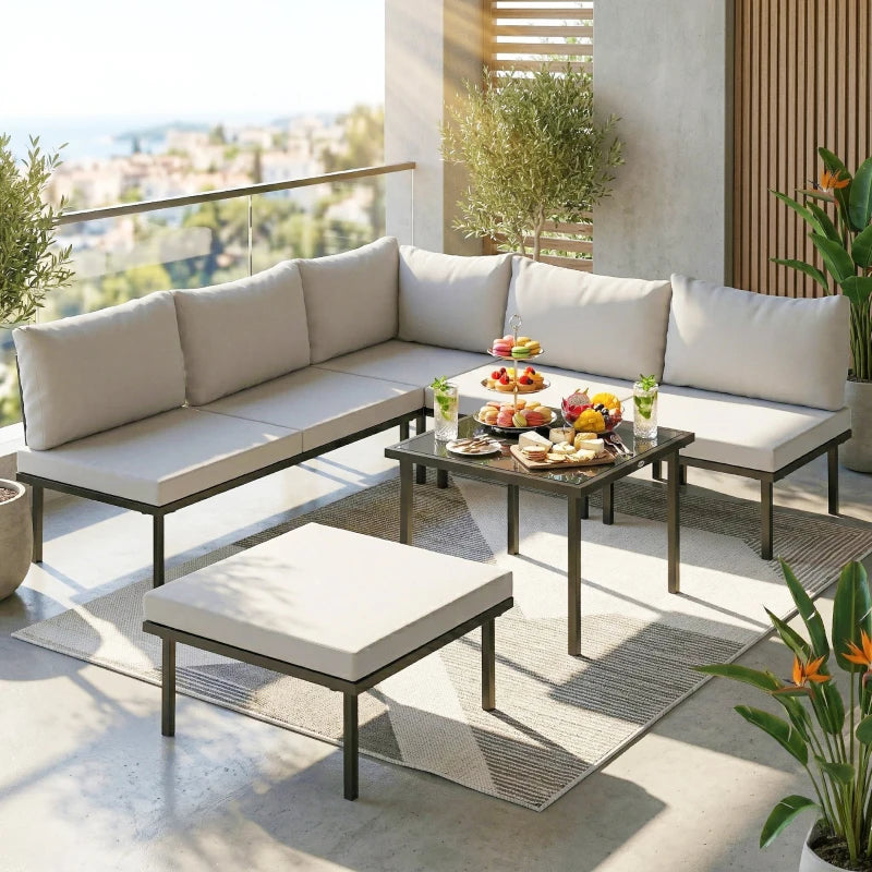 Outsunny Set Mobili Giardino Metallo 6 Persone, Divano Angolare Cuscini, Grigio Chiaro