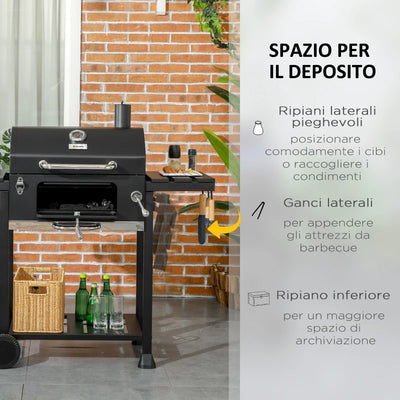 Outsunny Barbecue a Carbone con Coperchio con Termometro, Griglia Regolabile, Ruote e Tavolini, Nero