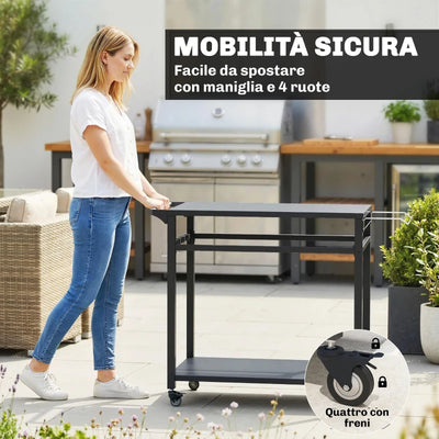 Outsunny Carrello Barbecue, 2 Ripiani, Supporto Pizza, Portasacchi e Ganci, Nero.