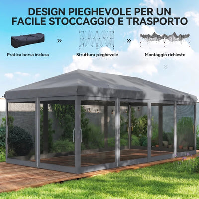 Outsunny Gazebo da Giardino Pieghevole 6x3 m con 6 Zanzariere e Pulsante, in Acciaio e Poliestere, Grigio