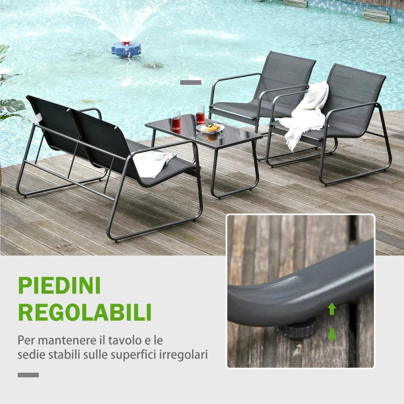 Outsunny Set Salotto da Giardino da 4 Pezzi, con Divanetto da Esterno a 2 Posti, 2 Sedie e Tavolo da Caffè in Vetro Temperato, Set di Mobili da Giardino in Metallo e Texteline, Nero