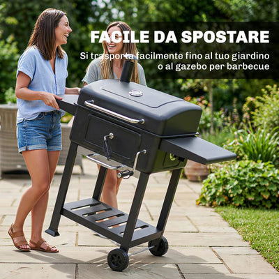Outsunny Barbecue a Carbone, Griglia Smoker con Ruote per Uso Esterno, Nero