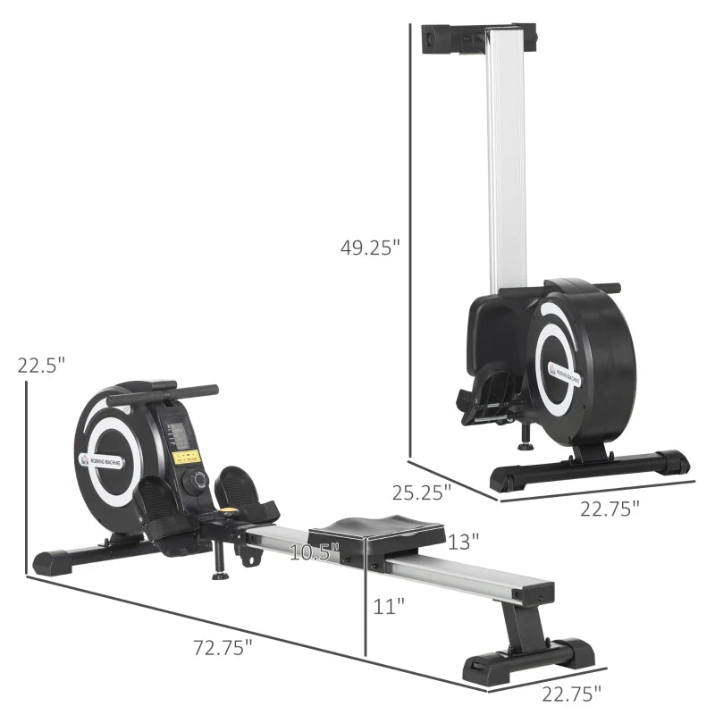 HOMCOM Vogatore Magnetico Pieghevole per Allenamento a Casa, Volano Regolabile su 8 Livelli e Monitor LCD, 185x58x57cm, Nero