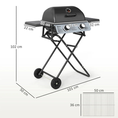 Outsunny Barbecue a Gas Portatile con 2 Bruciatori e 2 Tavolini, Coperchio con Termometro e Ruote, Nero