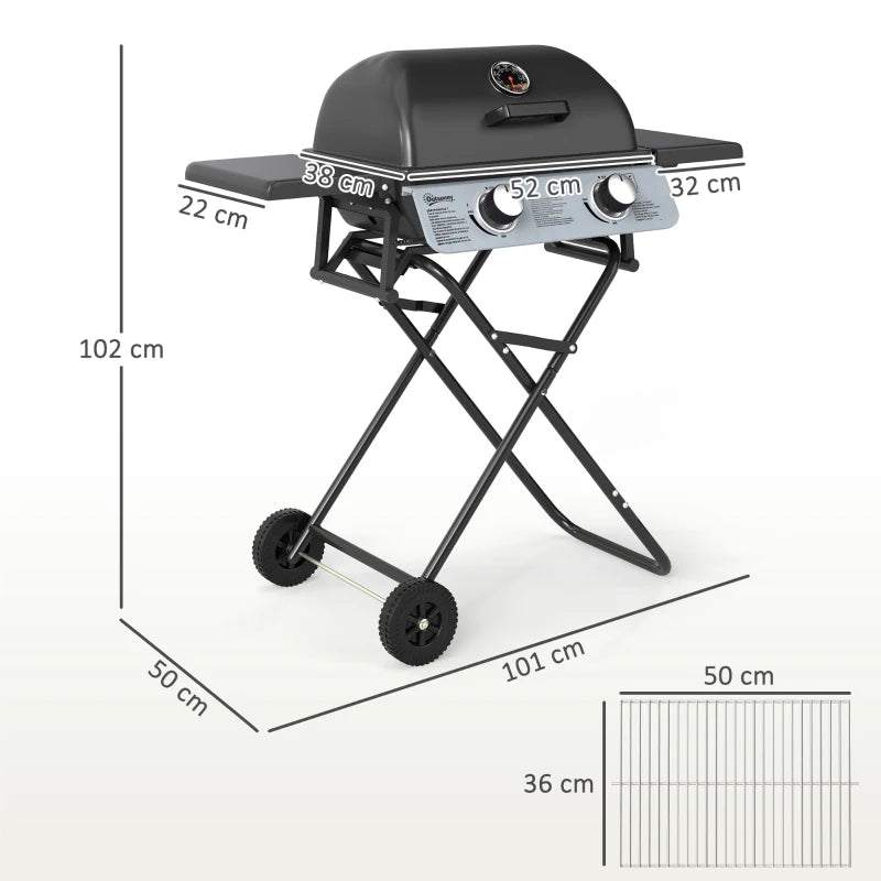 Outsunny Barbecue a Gas Portatile con 2 Bruciatori e 2 Tavolini, Coperchio con Termometro e Ruote, Nero