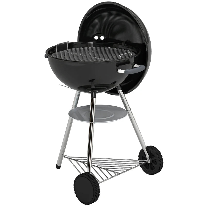 Outsunny barbecue a carbone con griglia esterna rotonda, coperchio, termometro e ruote, Nero