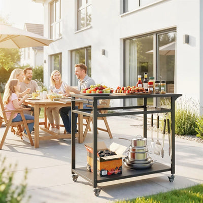 Outsunny Carrello Barbecue, 2 Ripiani, Supporto Pizza, Portasacchi e Ganci, Nero.