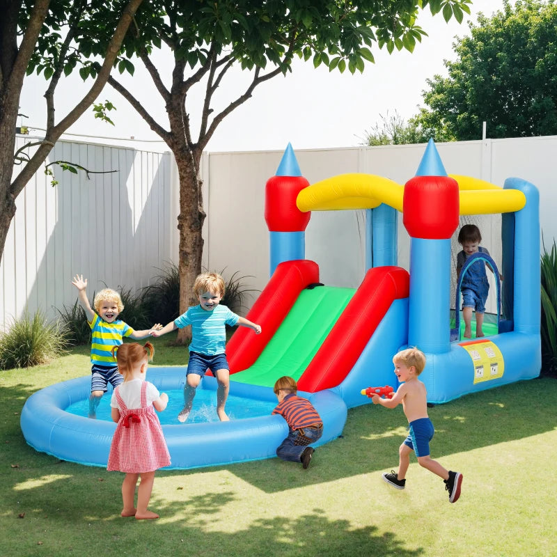AIYAPLAY Castello Gonfiabile Trampolino 4 in 1, Scivolo, 415x205x190cm, Multicolore